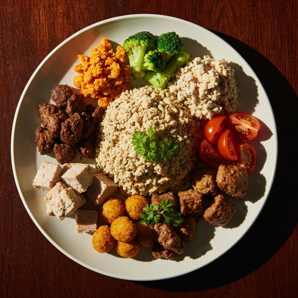 Balanced meal composition showing various food groups properly portioned